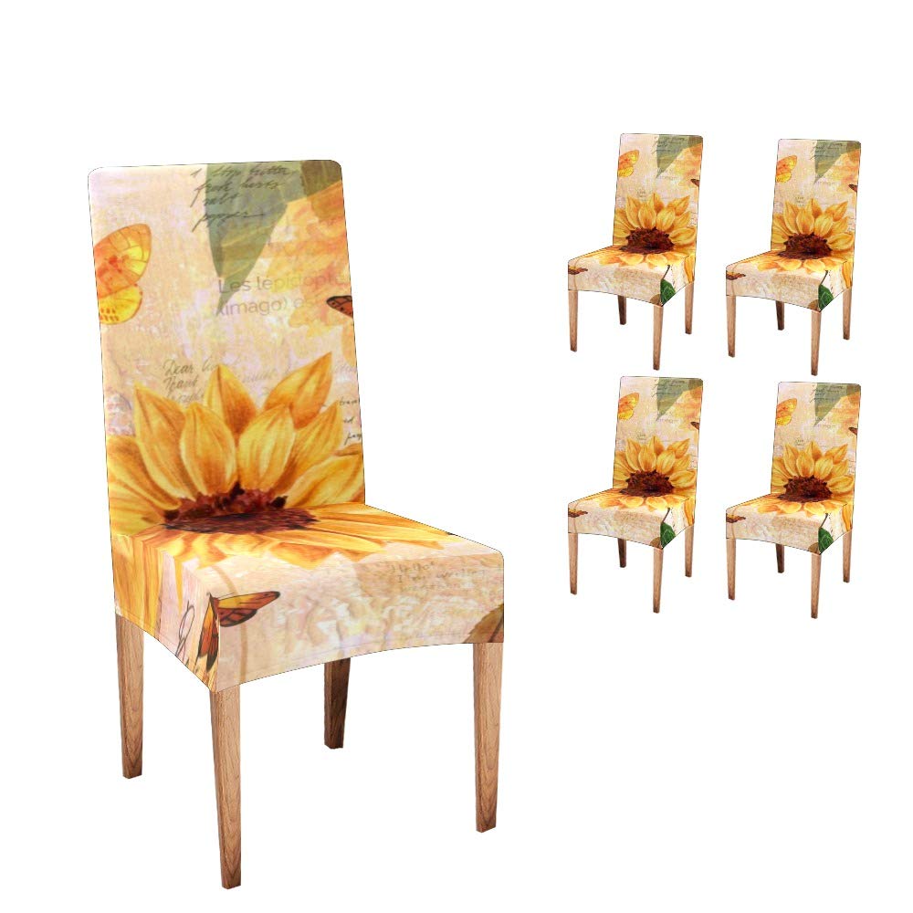 CUXWEOT Chair Covers for Dining Room,Custom Vintage Sunflowers Butterfly Protector Comfort Soft Seat Covers Slipcovers for Party Decor (Set of 4)