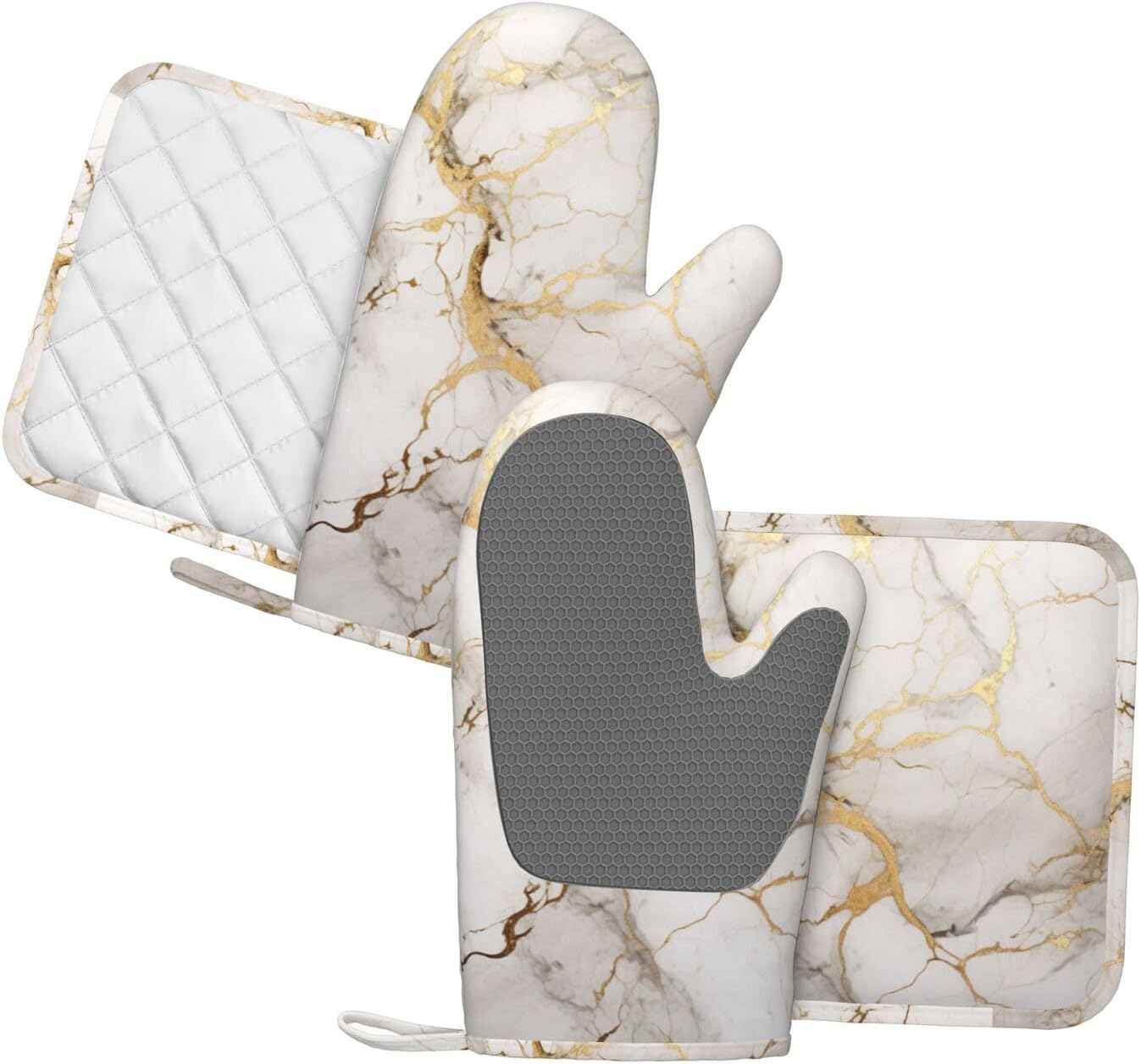 Oven Mitts and Pot Holders Marble Gray Gold White Silicone Kitchen Accessories Set of 4 Heat Resistant Long Gloves Potholder Non-Slip Grip for Chef Cooking Baking Grilling BBQ