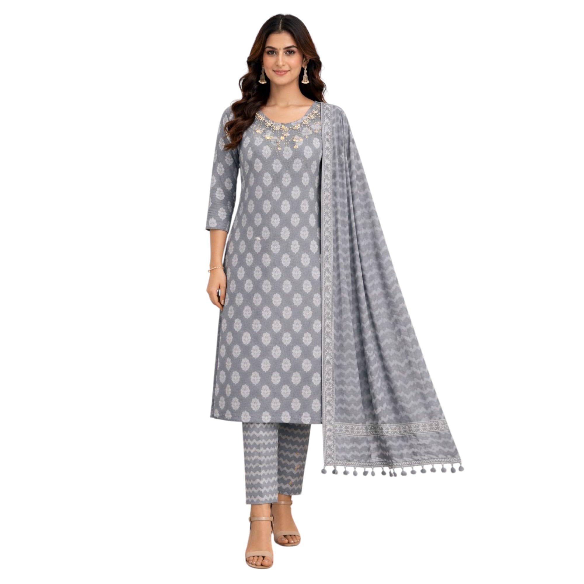 VMD Women's Grey Printed Kurta with Pants and Dupatta, Embroidered Neckline, 3/4 Sleeves, Ethnic Salwar Suit Set-image-11