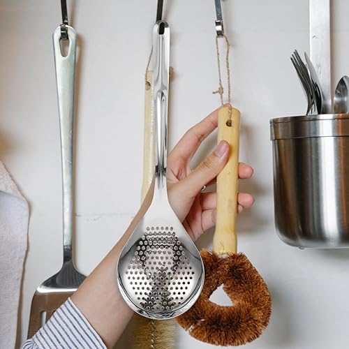 Miniatura 6 de Cucharas ranuradas para cocinar, cuchara de acero inoxidable con mango y agujeros para colgar, cuchara coladora de malla fina, colador de araña para