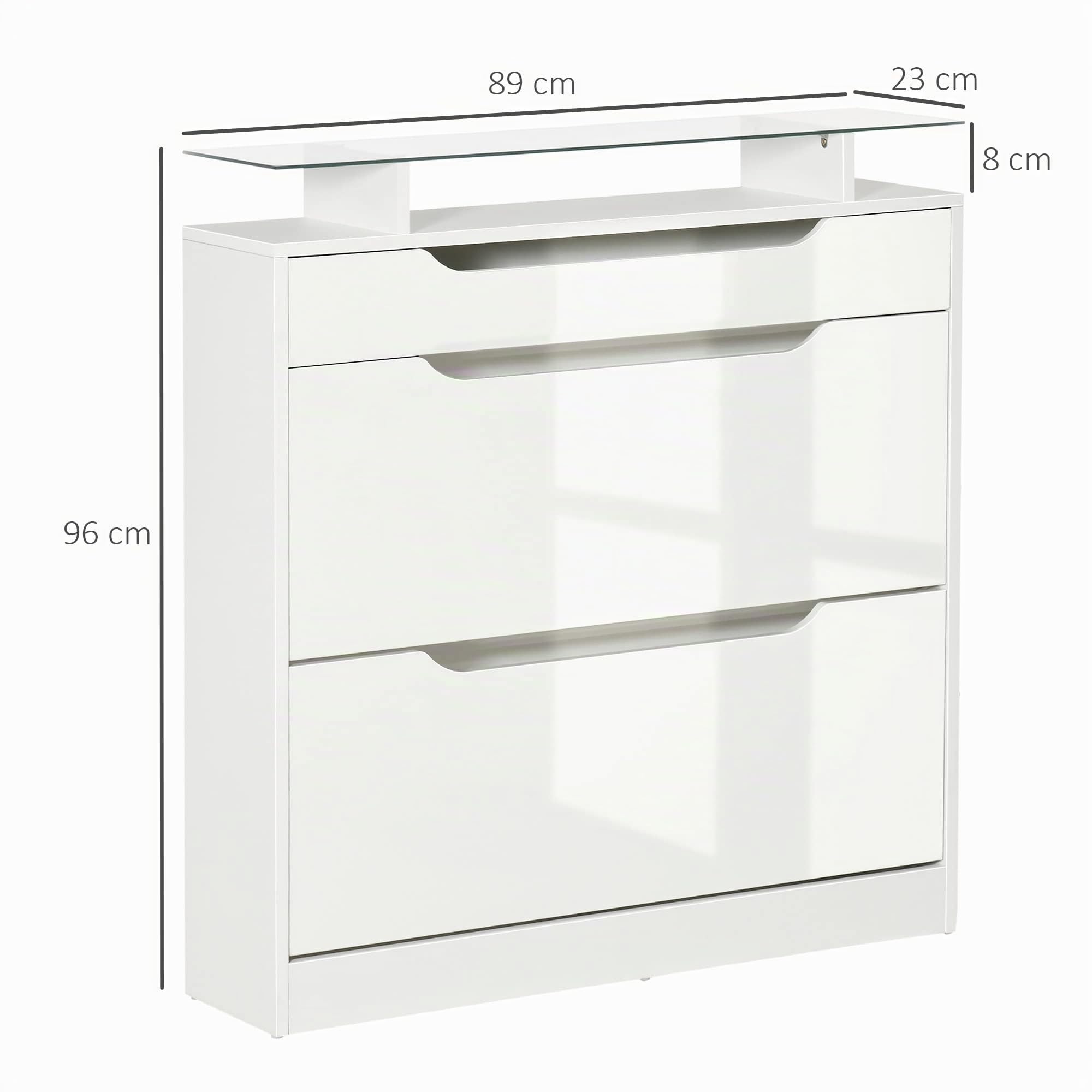 HOMCOM Mueble Zapatero de 2 Puertas Zapatero Estrecho para 16 Pares de Zapatos con Cajón Estante Abierto y Encimera de Vidrio para Pasillo Entrada 89x23x96 cm Blanco