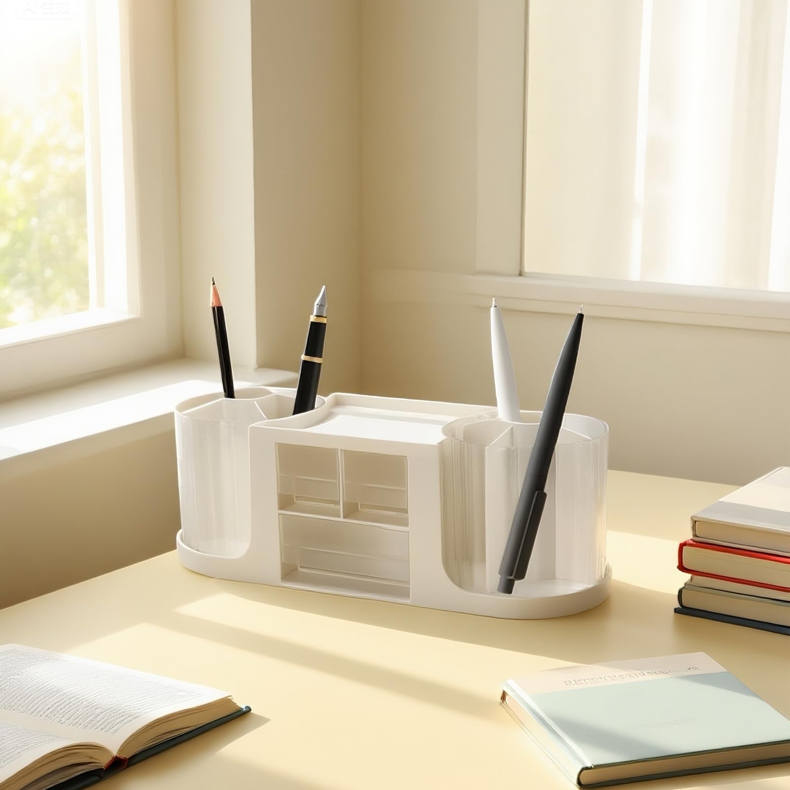 SINJEUN Portapenne a Doppia Rotazione, 2 Pezzi, Organizer Scrivania in Plastica Bianca Trasparente, 36,5 x 12,6 x 13 cm