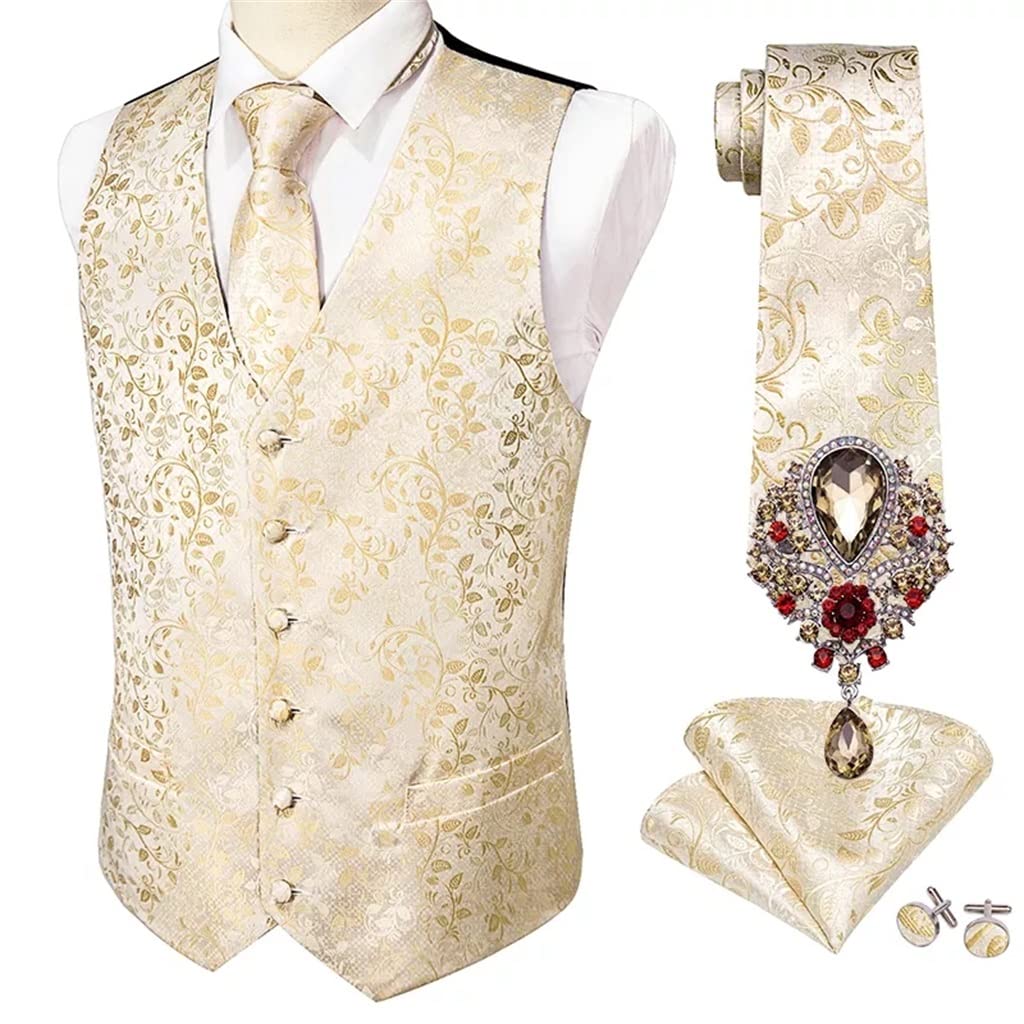Gilet costume floral homme ensemble cravate broches boutons manchette affaires mariage soie 3XL