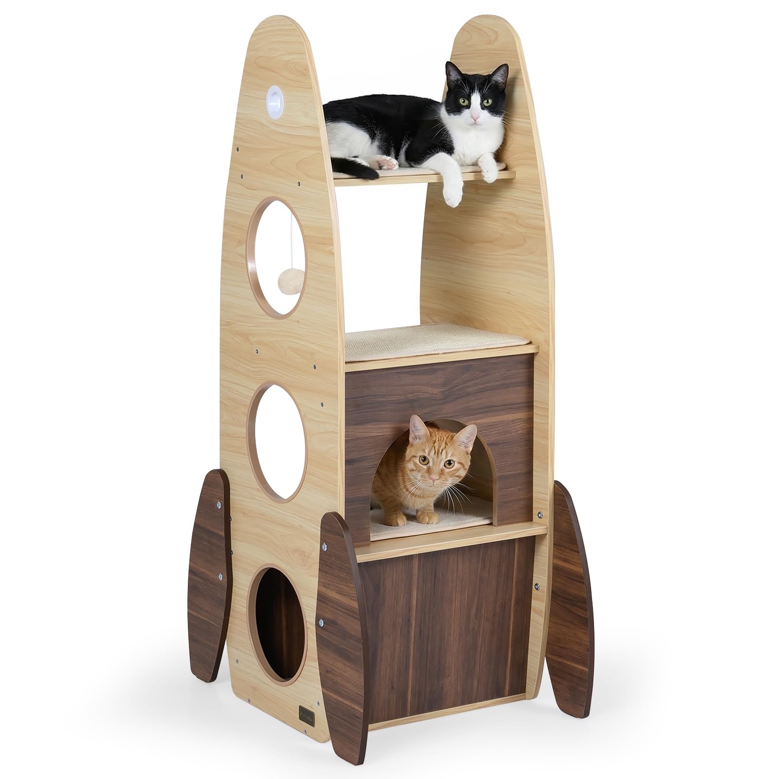COSTWAY Árbol Rascador para Gatos en Forma de Cohete, Torre para Gatos de Madera con Condominio de 2 Plantas, Percha Superior, Rascador de Sisal, Plataforma Acolchada, Bola Colgante, Natural y Blanco