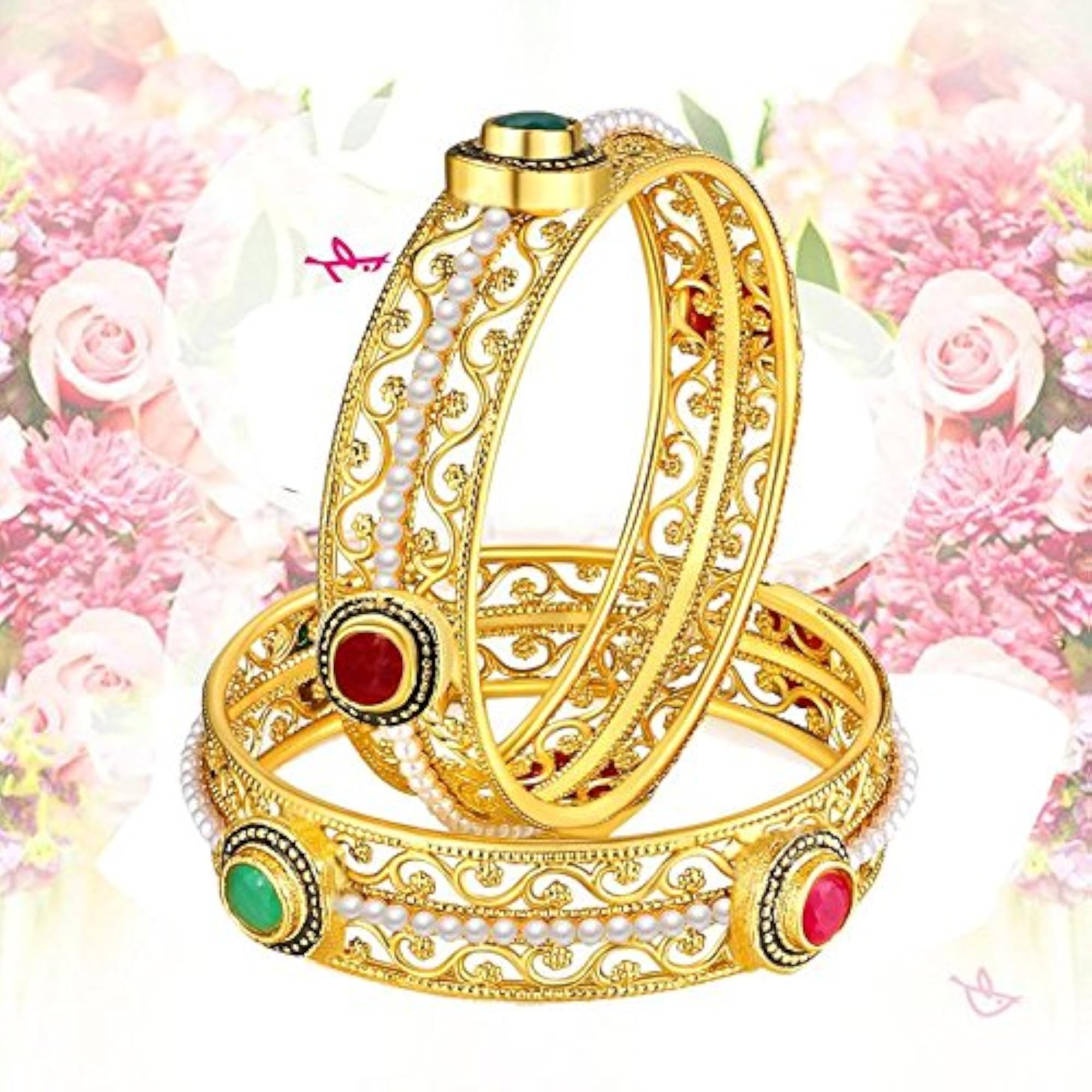Pearl & Ruby Traditional Bangle Set - Set of 2