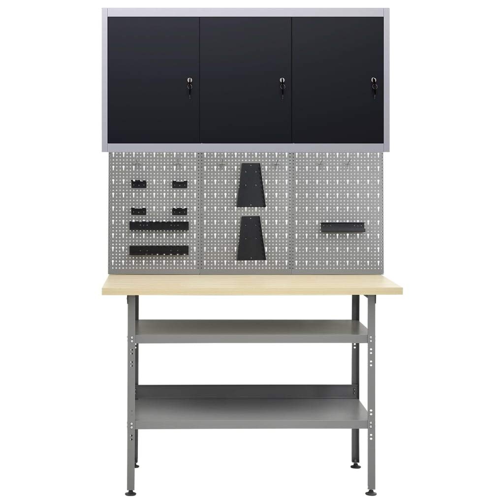 Set da officina con portata di 300 kg, banco da lavoro regolabile in altezza con 3 pareti per attrezzi e 1 armadietto da parete, parete forata larga 120 cm in acciaio, 3 ante chiudibili, 2 ripiani