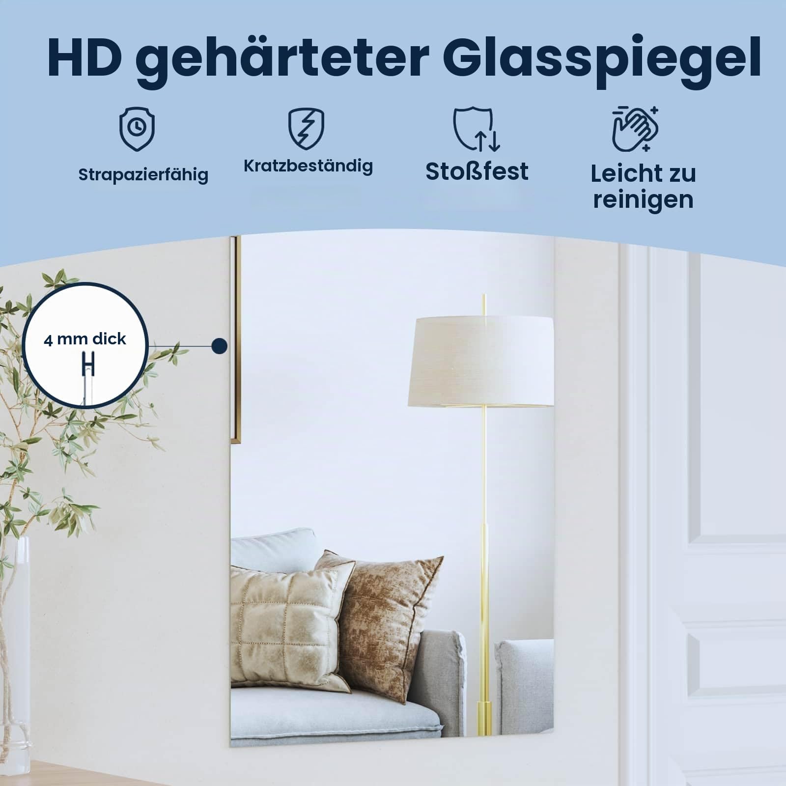 vidaXL Wandspiegel Rechtwinklig 100 x 60 cm Gehärtetes Glas, Moderner Badezimmerspiegel, eleganter Wandschmuck, rahmenloses, minimalistisches, reflektierendes Glas