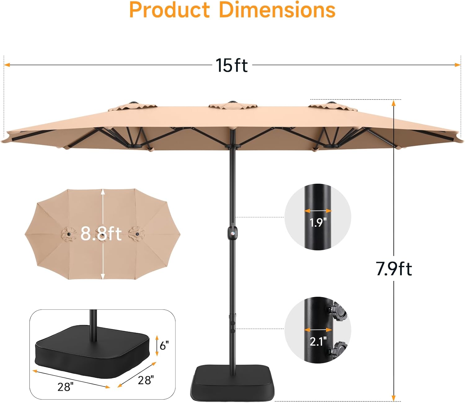 ONBRILL 15ft Patio Umbrella with Base Included, Extra Large Shade Area, Double Sided Rectangle with Crank Handle for Poolside, Garden, Yard, Beige