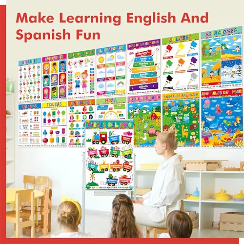 Image of 17 Spanish & English Posters, Thick Elementary Bilingual Poster Set, Waterproof & Tearproof with PET Film, Early Learning Tool, Dual Language Educational Posters for School Supplies, Classroom Decor