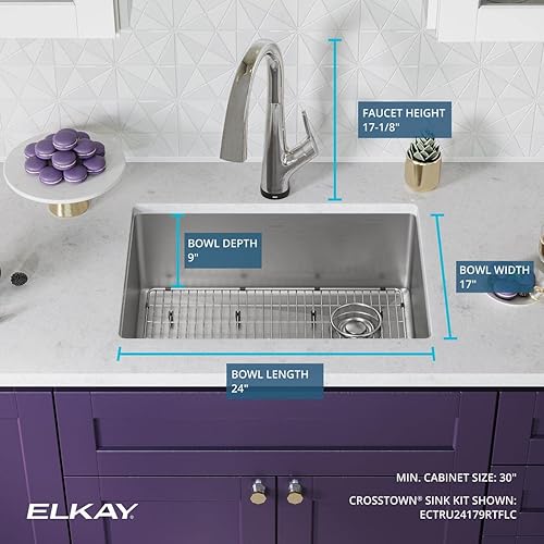 Miniatura 4 de Elkay Crosstown - Kit de fregadero de acero inoxidable calibre 18 de 25-12 x 18-12 x 9 pulgadas, con grifo filtrado