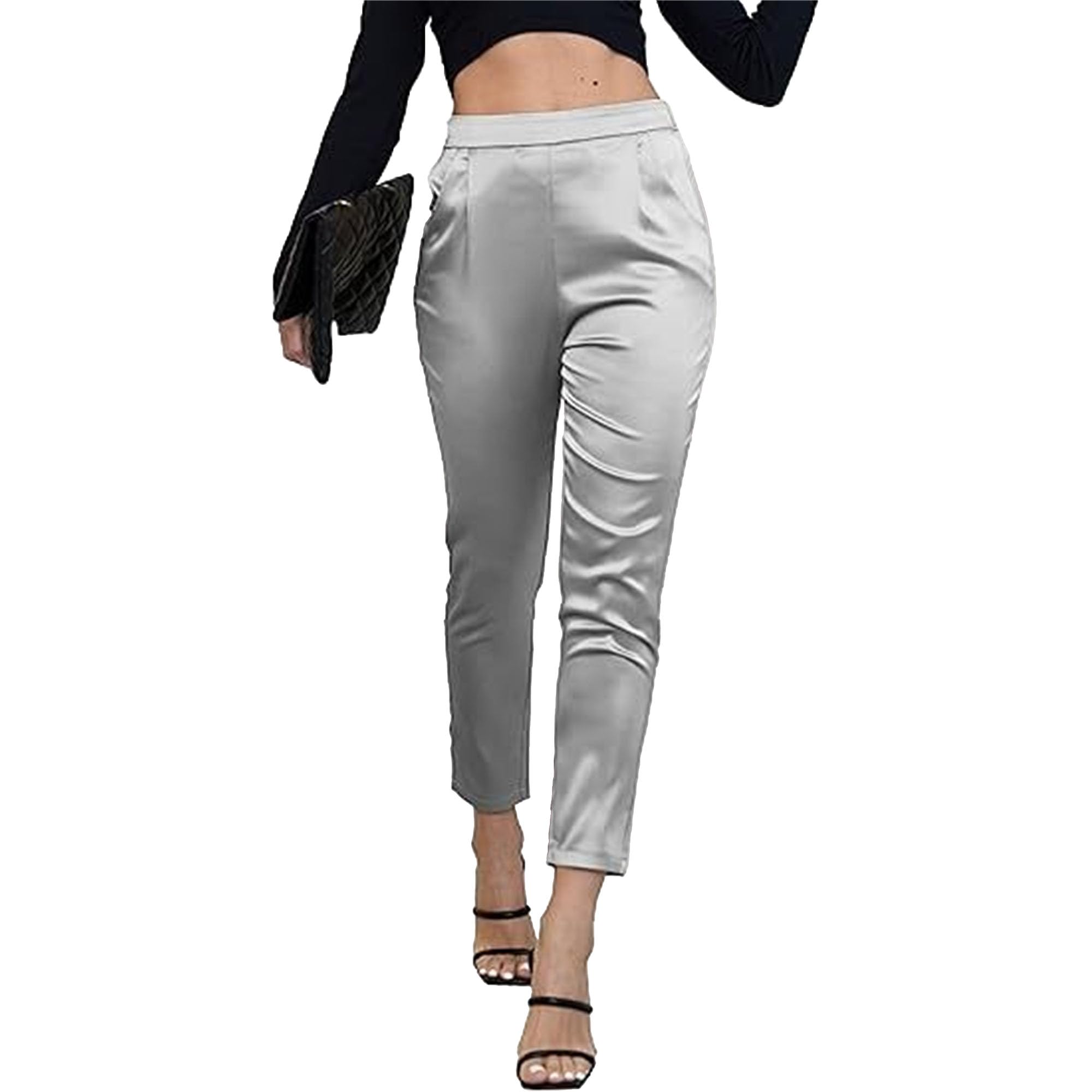 Satin Pants for Women High Waist Trendy Pleated Pull On Lounge Pants with Pockets