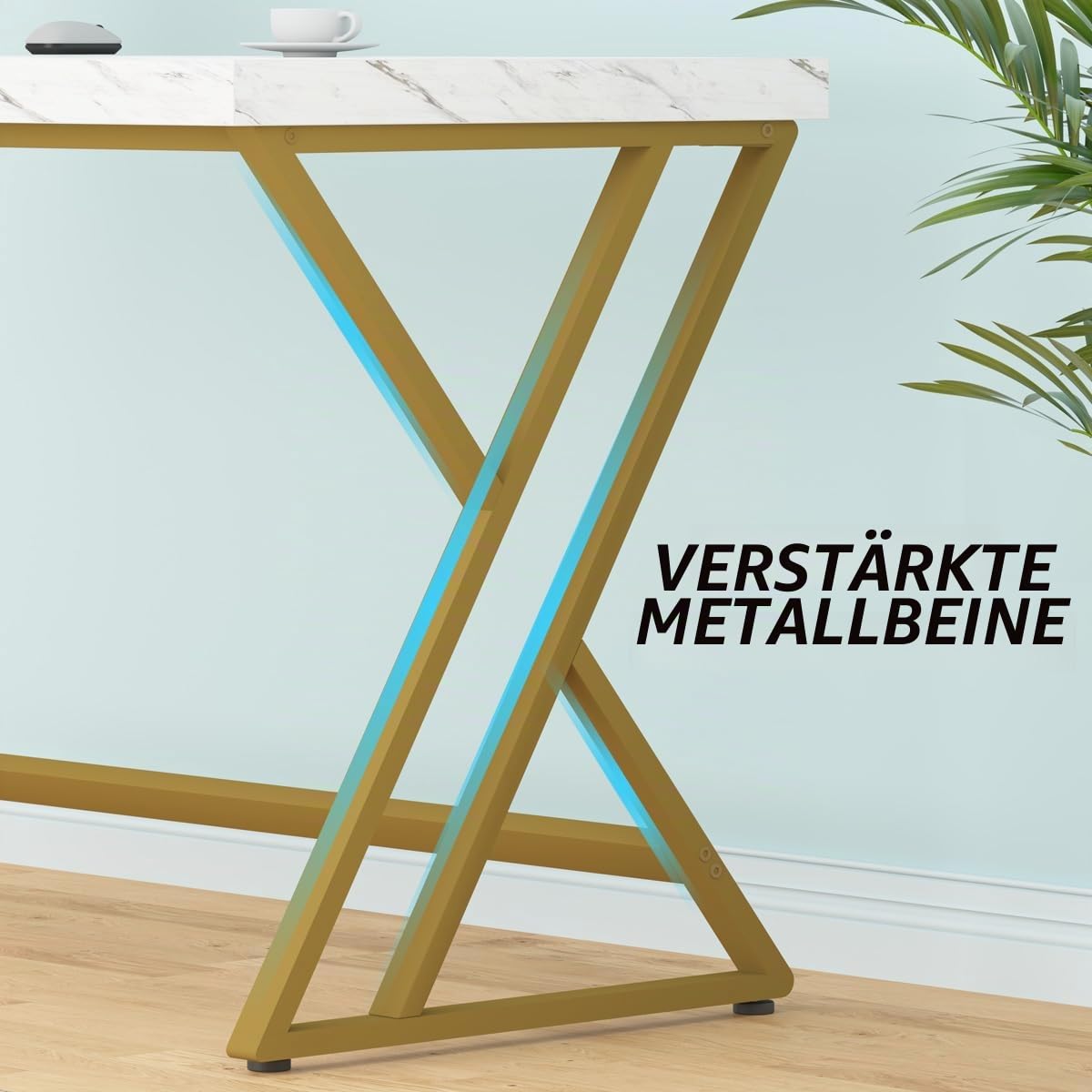 LVB Weißer und Goldener Schreibtisch, Holz-Kunstmarmor, Heimbüro, Computertisch, moderner Arbeitszimmer, Cheftisch für Gaming-Schreiben, einfacher Metallschreibtisch mit Stauraum für Schlafzimmer,