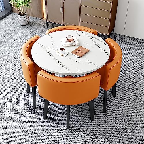 Moderno juego de mesa de comedor naranja para oficina, negocios, vestíbulo de hotel y balcón, incluye 1 mesa de centro redonda y 4 sillas elegantes, ideal para ocio y reuniones