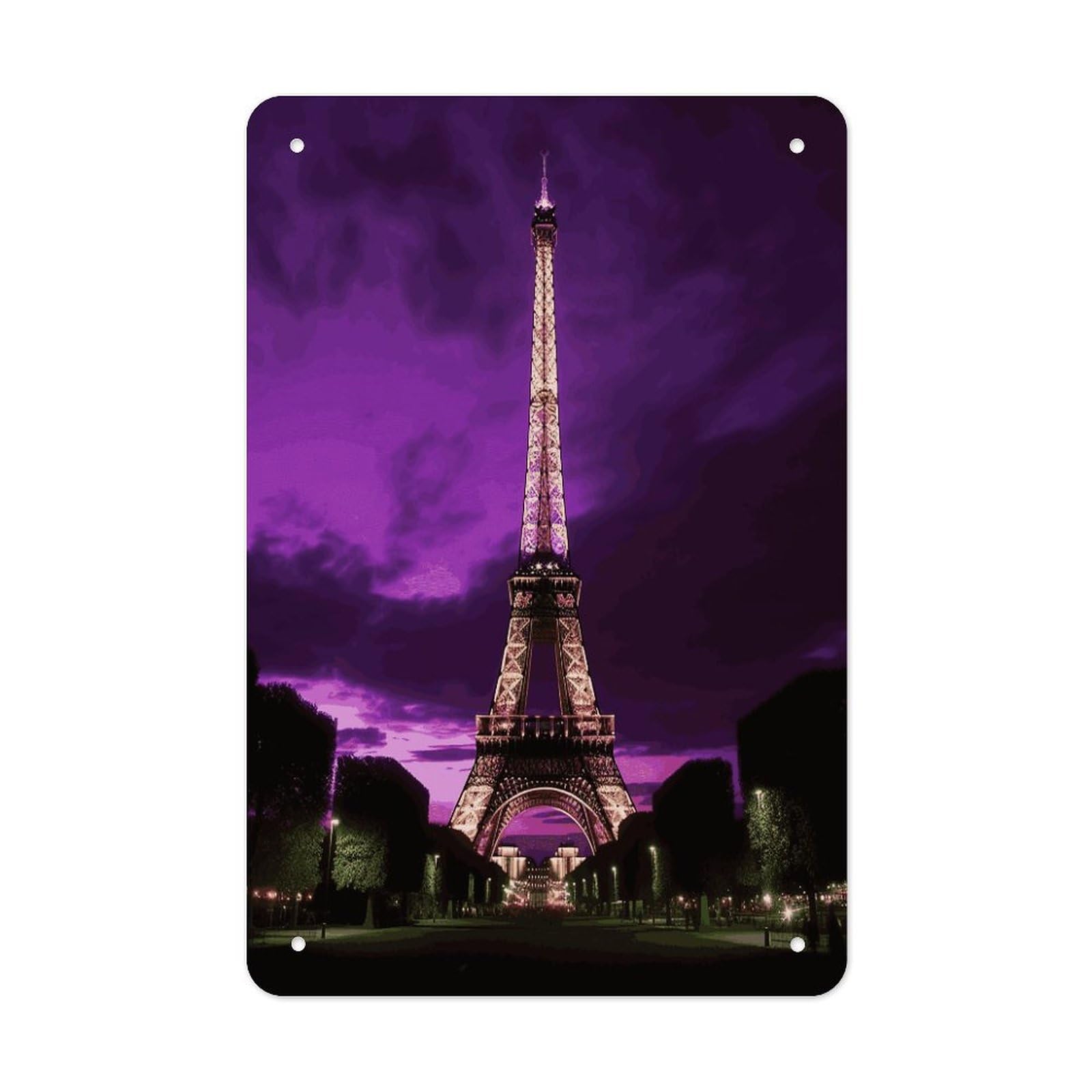 LDGSUPH Purple Eiffel Tower Wall Art Prints Folded Edge Iron Sheet Painting with Holes for Wall Prints Decorative Picture Metal Signboard Decor Painting for Outdoor Indoor Wall Decor