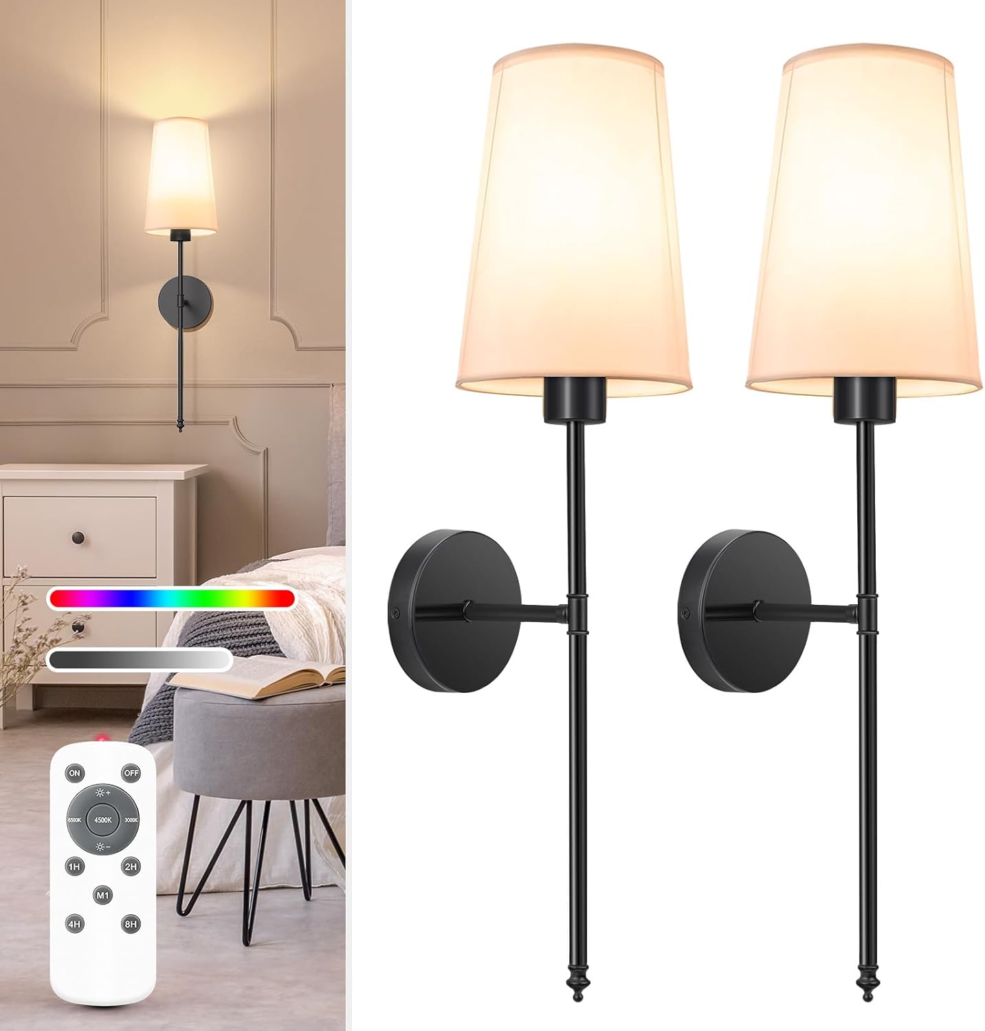 NIORSUN Black Battery Operated Wall Sconce Set of 2,Rechargeable Wall Lights with 5200mAh Dimmable Detachable Bulbs and Remote,9 Colors Wireless Sconces for Bedroom Living Room Hallway Black 27 inch