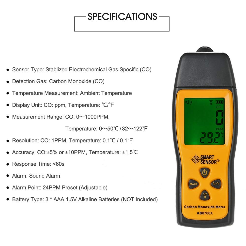 Équipement d'essai électronique CTJ Smart Sensor AS8700A Monoxyde de Poche Carbone Compteur Digital de Haute précision CO Détecteur de Fuite Analyseur, Alarme lumière sonore, Gamme: 0-1000ppm