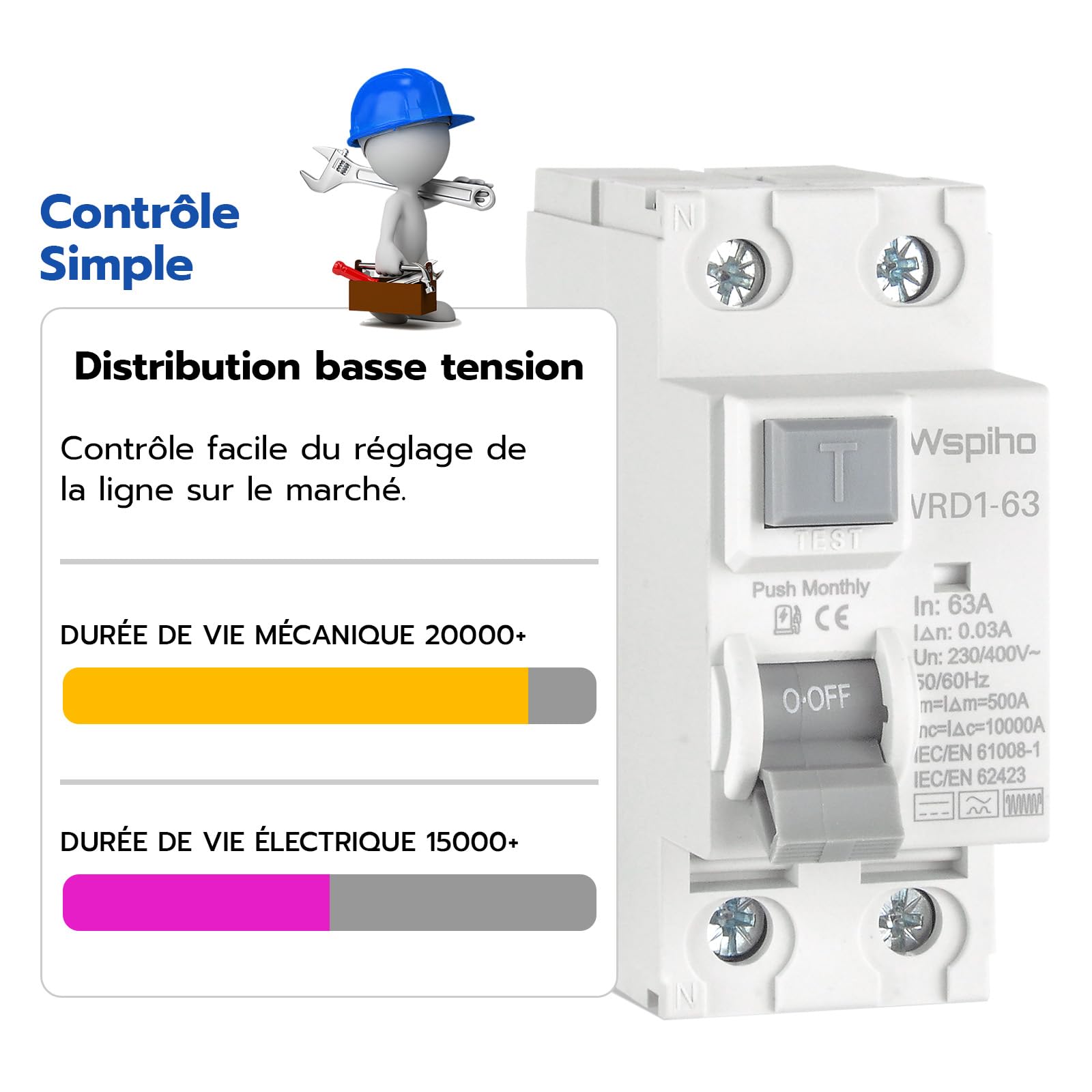 Disjoncteur différentiel FI type B 63 A 30 mA 2 pôles RCCB pour EV