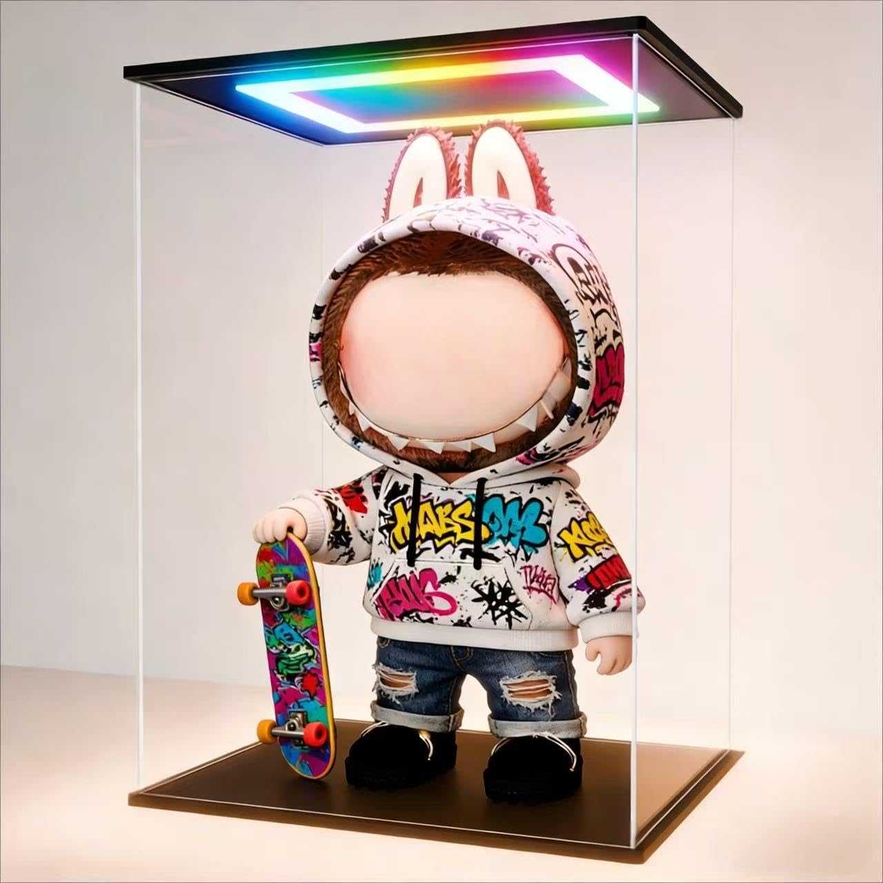 Clear Acrylic Display Case with RGB LED Light for labubu The Monsters ,Dustproof Clear 15.7Inch Tall Showcase for LEGO 75308 R2-D2, 400% Bearbrick &amp; Collectibles - 9.8 x 7.9 x 15.7Inches