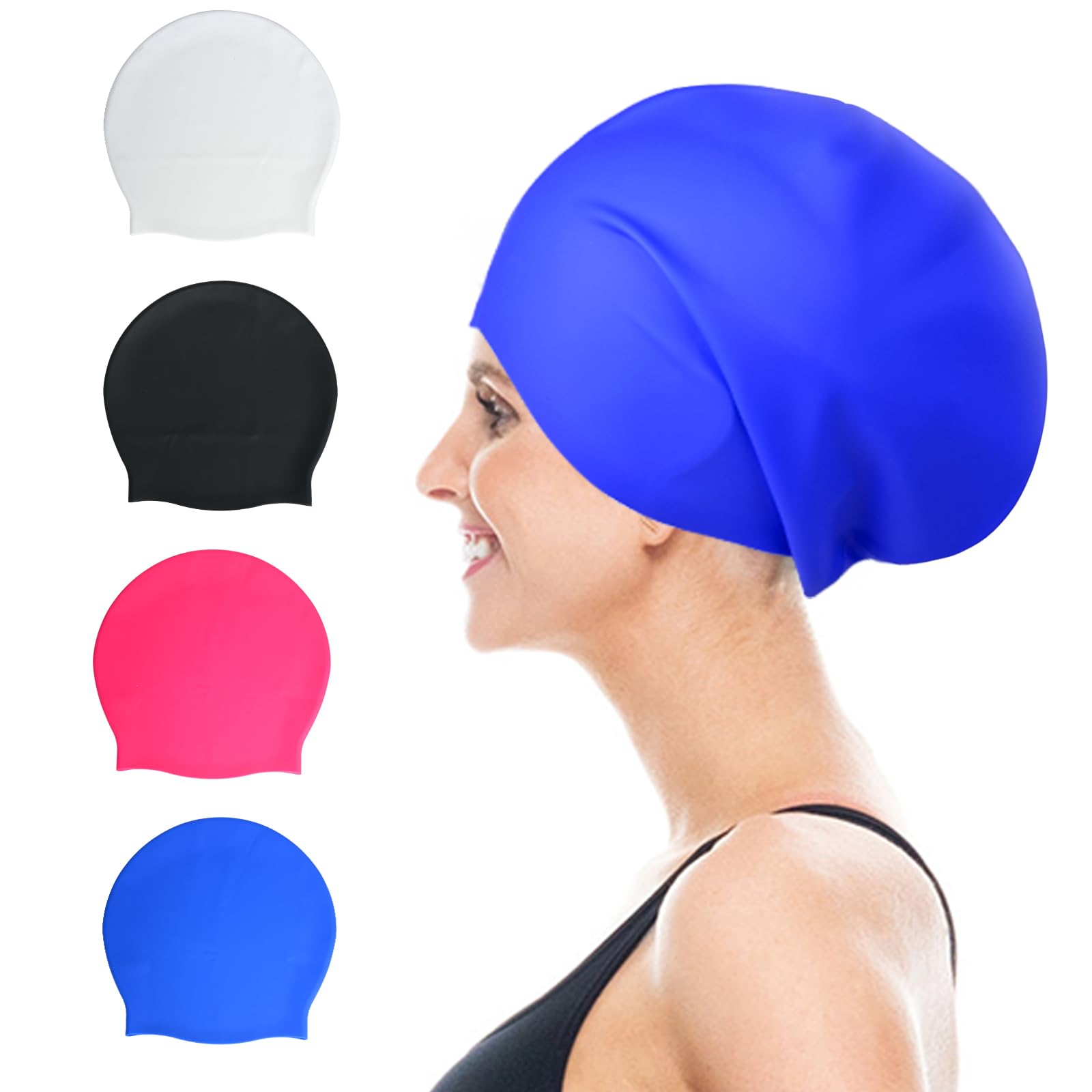 OKTAYOCUM Extra Large Silicone Swimming Cap for Long Hair Weaves, Braids, Afro - Adult Waterproof Swim Cap (BLUE)
