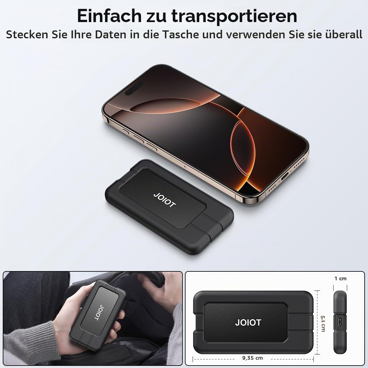JOIOT Externe SSD 1TB Portable Festplatte USB-C 3.2 Gen 2x2 mit 2000 MB/s Lesen und 1700 MB/s Schreiben Tragbares SSD 1TB mit Schutzhülle für Mac PC Smartphone Laptop Schwarz