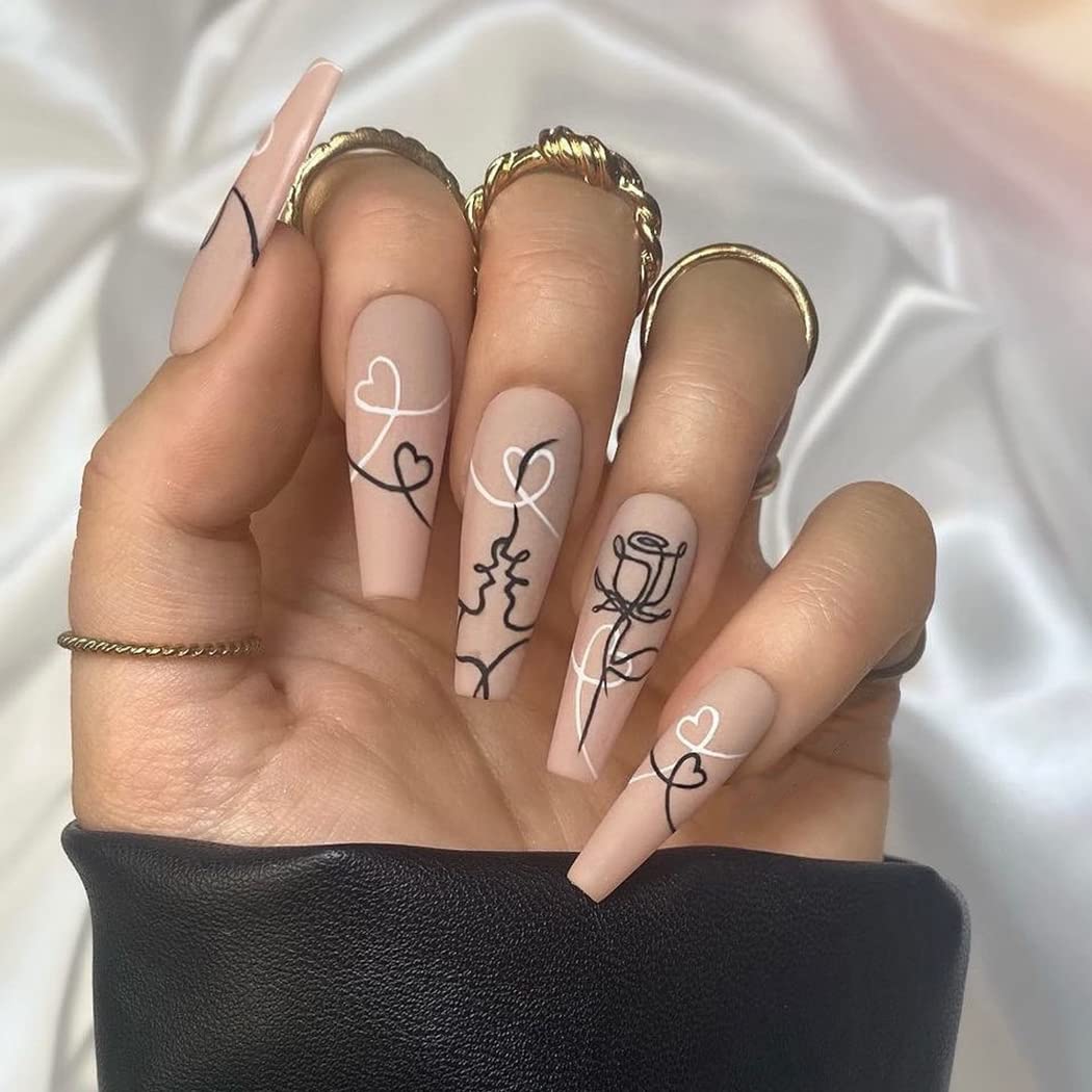 Sethexy Nude Press on Nails Extra Long Coffin Fake Nails Abstract Lines Fake Nails Full Cover Artificial False Nails For Women and Girls
