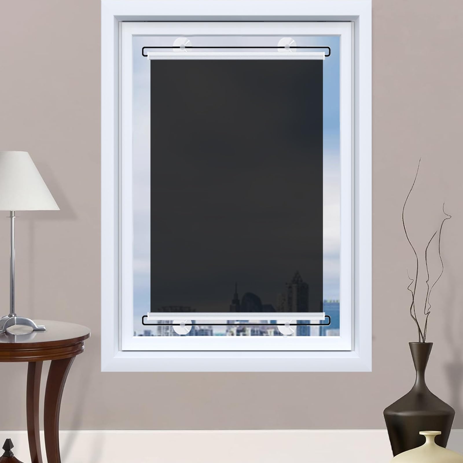 DECAKE One Way Mirror Roller Shade Suction Cups Blind Anti-UV Sun Blocking Curtain for Home, Office, Bathroom, and Living Spaces Various (Black,39X59IN)