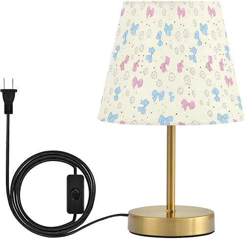 Lámpara de mesa azul rosa pastel para dormitorio, lámpara de escritorio de luz regulable de 3 colores con pantalla de tela, base de bronce antiguo,