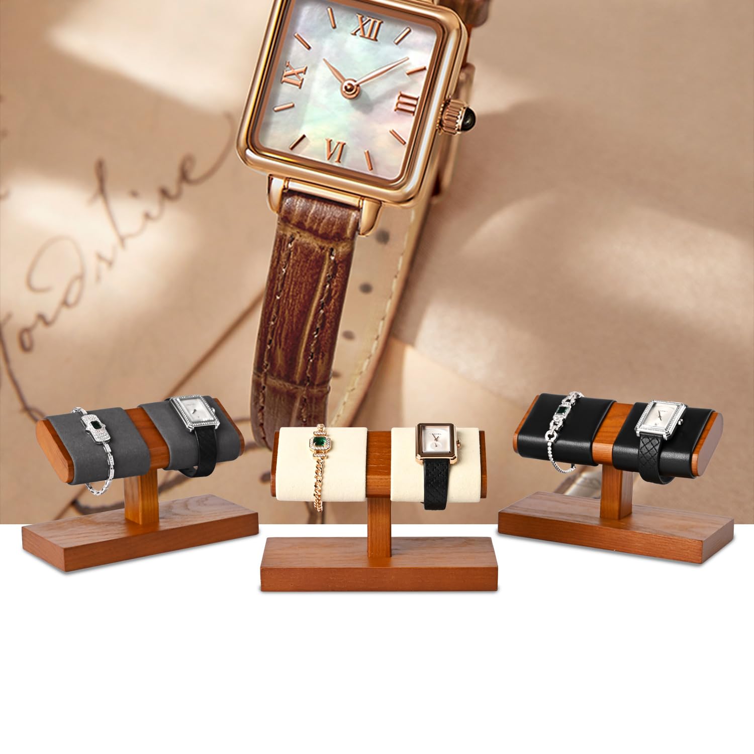 Oirlv Présentoir double en bois massif pour montres et bracelets (blanc crème)