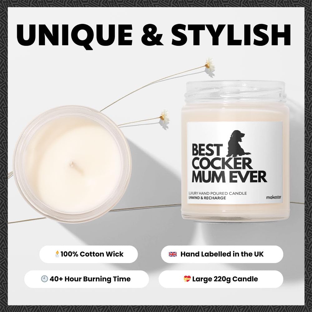 Cocker Spaniel Gifts for Women - Luxury Soy Wax Candle - Vanilla, Jasmine, Sugared Almond - Makester, White - Image 4