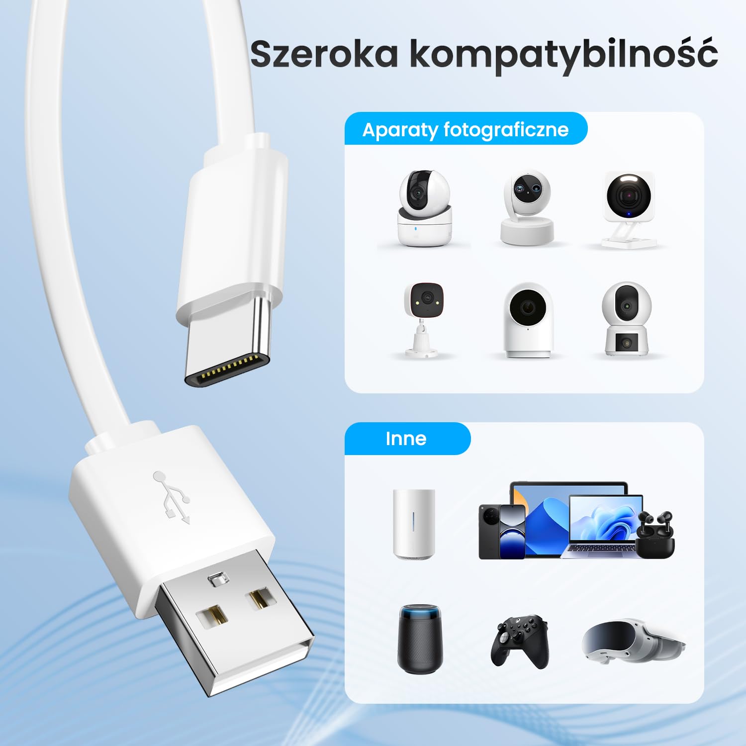 5 m płaski kabel USB-A do USB-C, bardzo długi przedłużacz do ładowania kamer monitorujących, smartfonów, tabletów, kontrolerów do gier i innych, obsługuje transmisję danych – biały