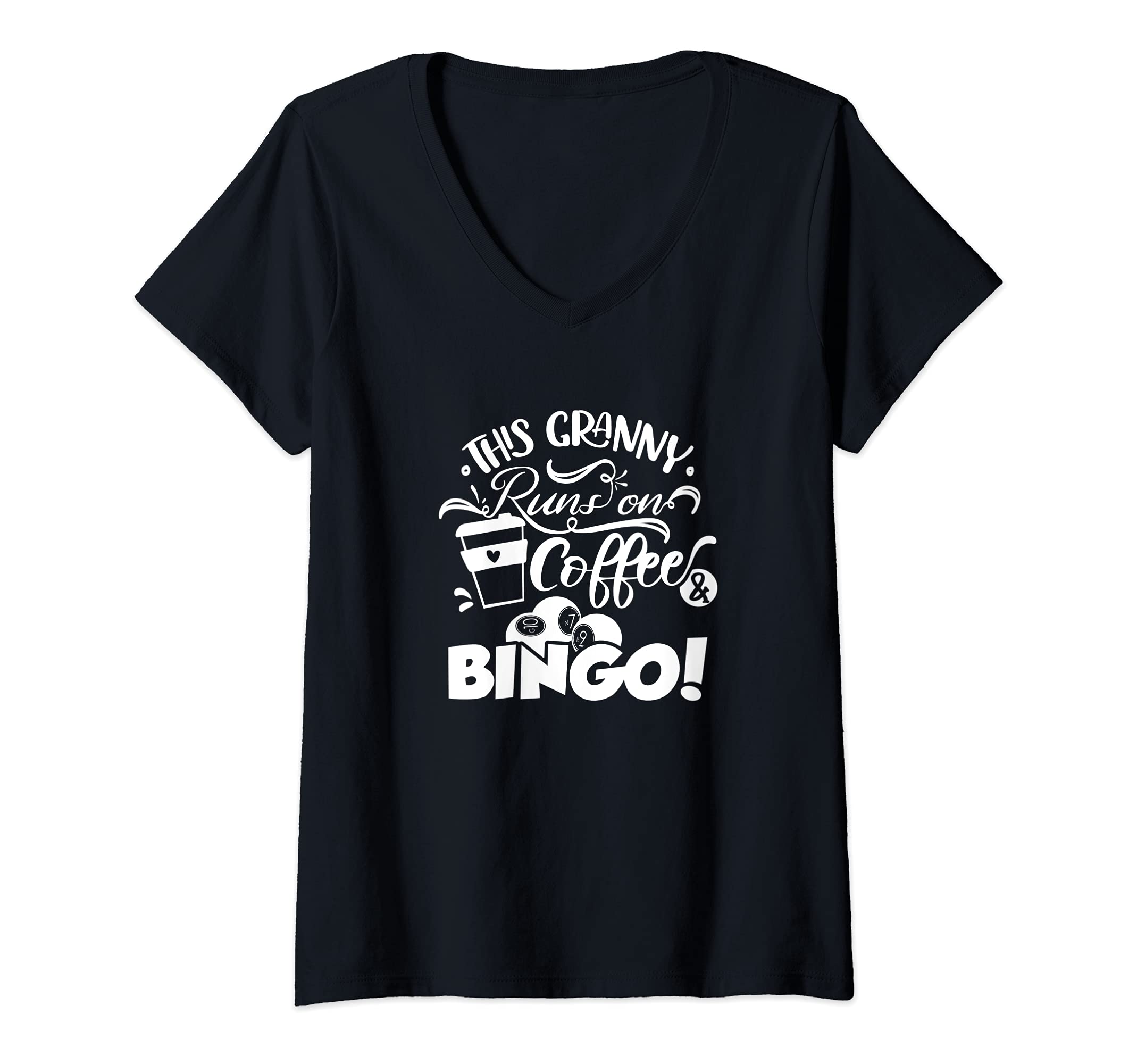 Womens This Granny Runs On Coffee And Bingo, Funny Bingo Gambling V-Neck T-Shirt