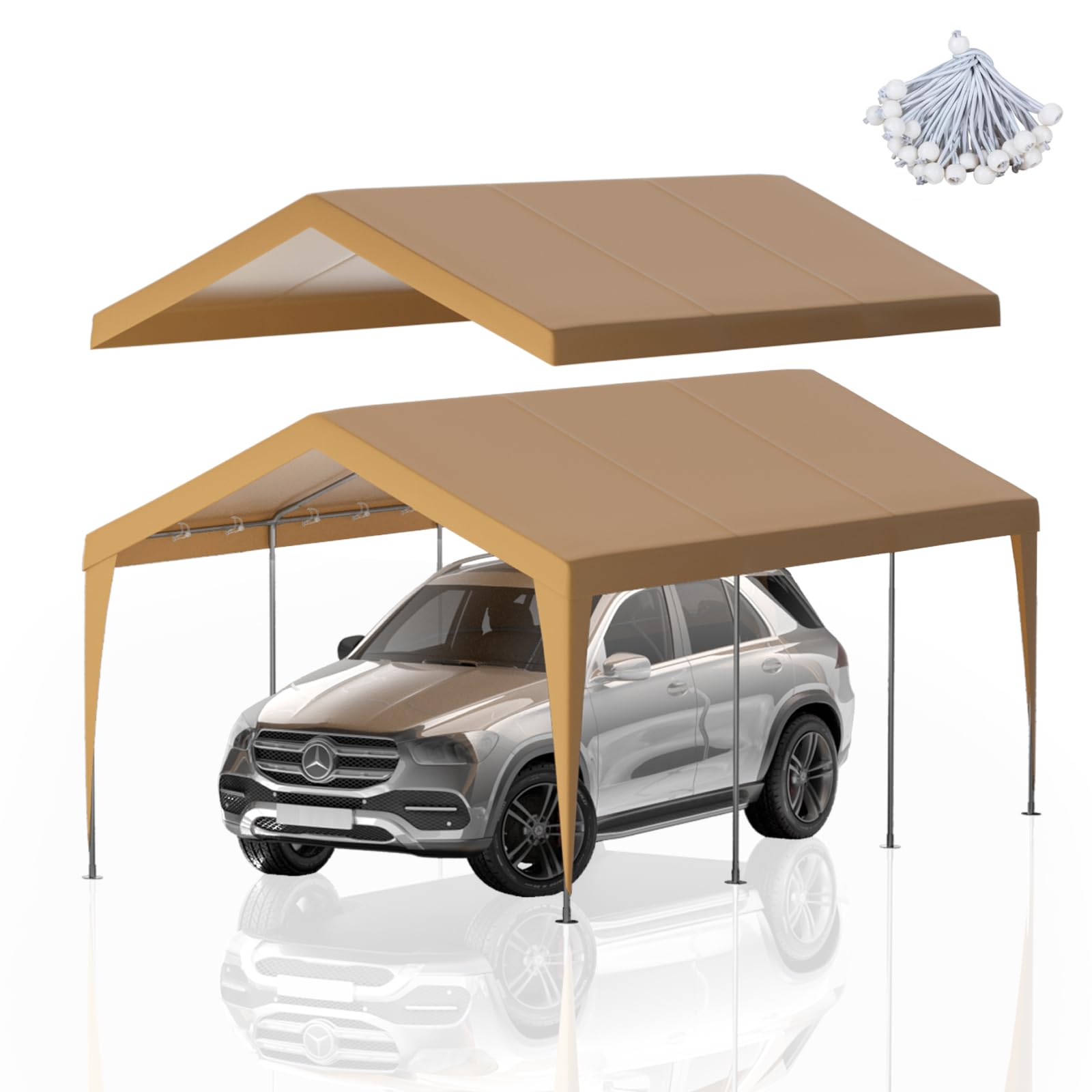 12x20 FT Upgraded Portable Garage Replacement Top Canopy Cover for Car Garage Shelter Tent Party Tent with 46 Ball Bungees Cords Beige (Only Top Cover, Frame is not Included)