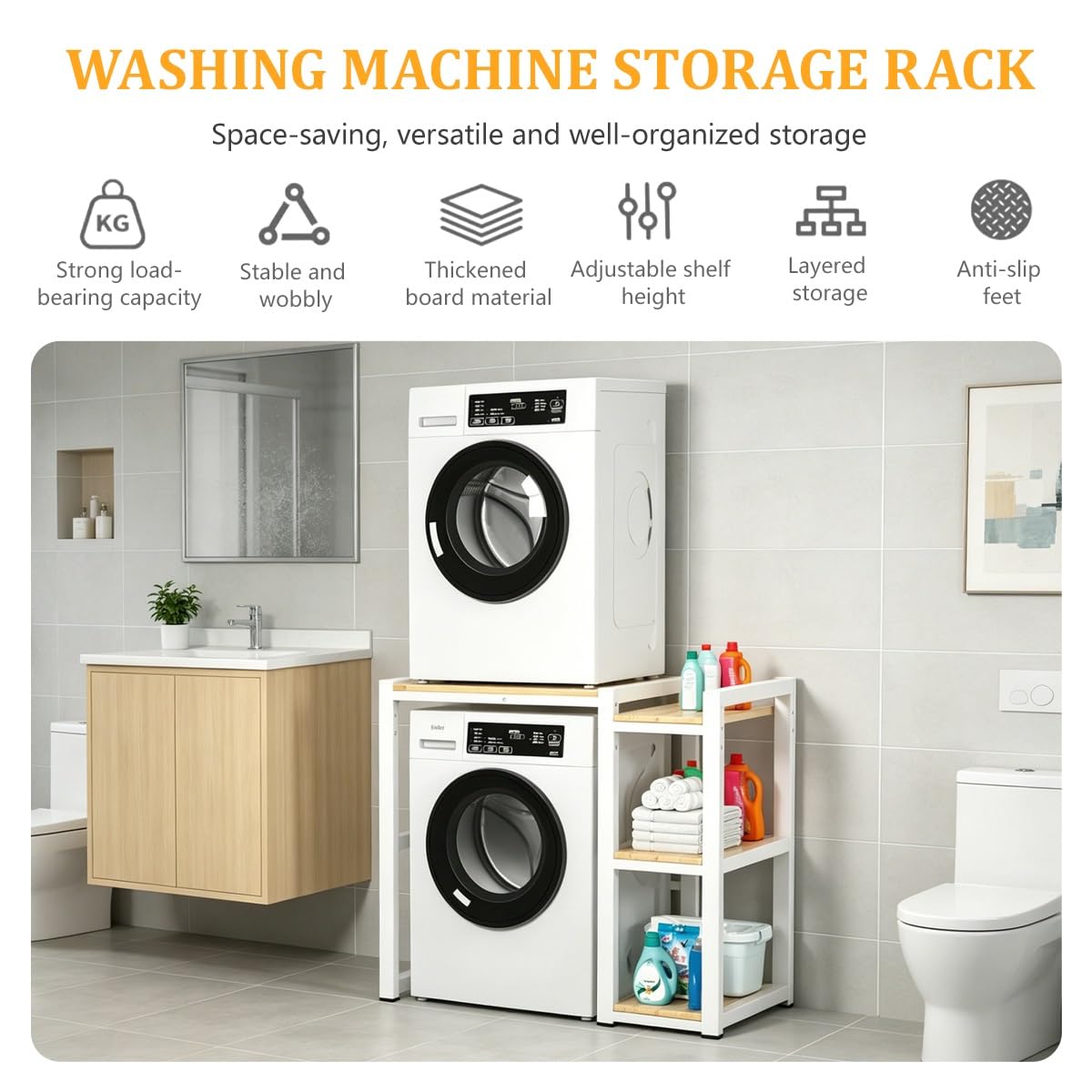 Waschmaschinenregal Trockner mit Seitenablagen, Höhenverstellbares Regal für Waschmaschine und Trockner, Schwerlast Waschmaschine Trockner Regal aus 4CM Stahl für Waschküche(White)