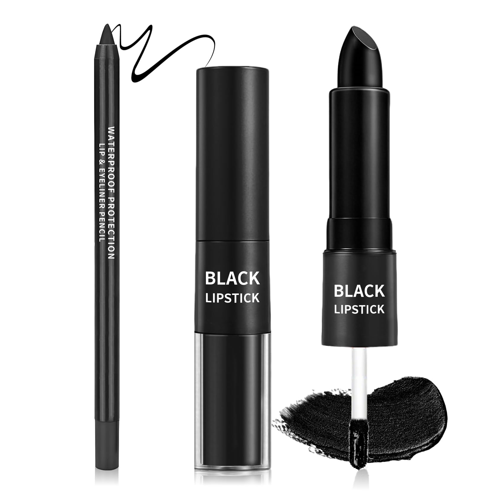 2-in-1 Black Liquid Lipstick & Lip Liner Pencil Kit for Halloween Makeup 2pcs Black