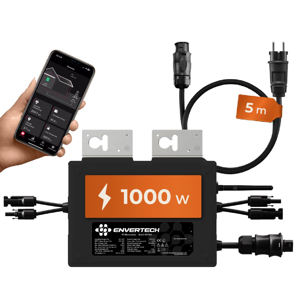 Solarway All In One Envertech - Microinverter da 800 W, energia solare e eolica con 5 m di cavo – inverter 800 W – Black Case – con app e WiFi (EVT-1000-B)