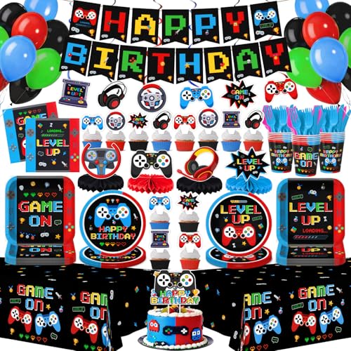 206PCS Video Game Birthday Party Decoration 24 Serves Gaming Party Tableware Include LEVEL UP Plates Napkins and GAME ON Cup Banner Balloons Tableware Cake Topper for Boy Party Supplies