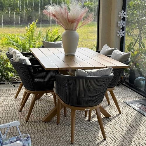 Image of PURPLE LEAF 7 Pieces Patio Dining Set Wicker Outdoor Furniture Rectangular Table and Chairs Set for Garden Deck Teak-Finish Aluminum Frame Backyard Kitchen Set, Cushions and Pillows Included
