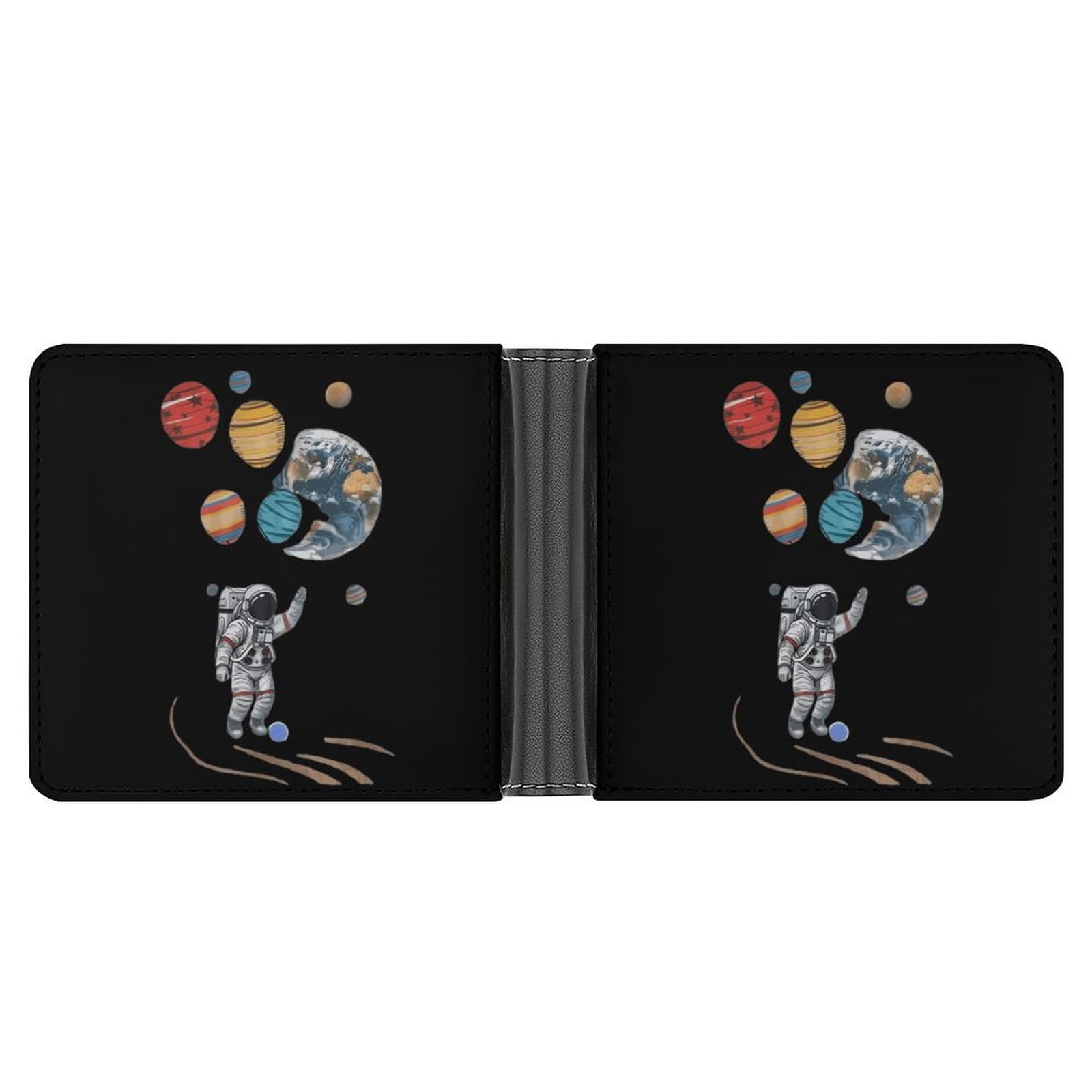 Astronaut Holding Planet Balloons Funny Men's Slim Bifold Wallet with Multiple Card Slots Front Pocket Purse