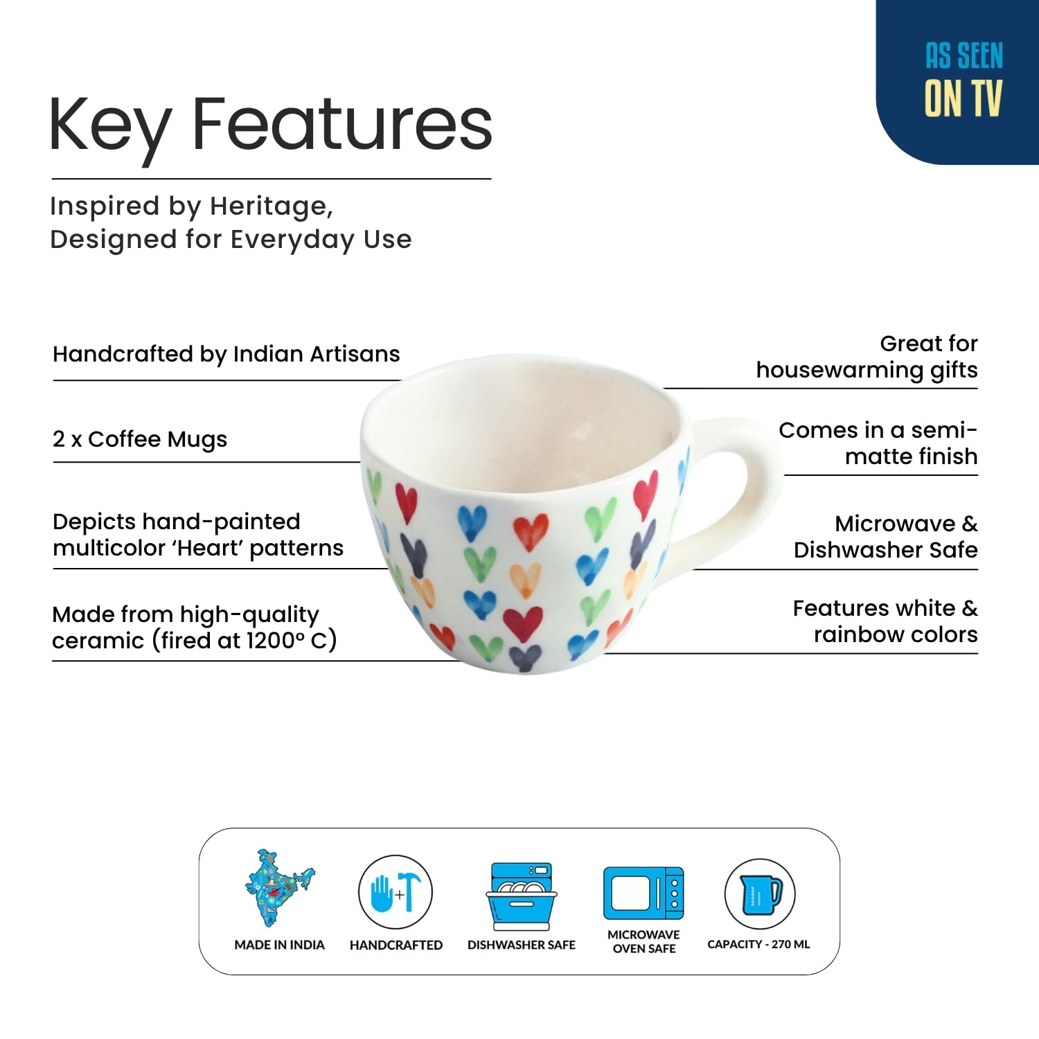 Colourful Hearts Ceramic Coffee Mugs - Set of 2 -5