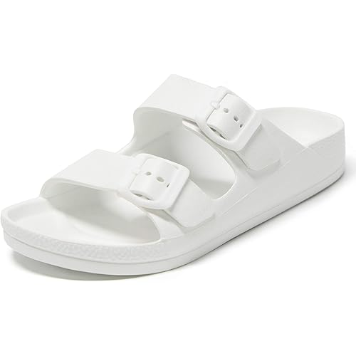 Athlefit Women's Double Buckle EVA Sandals Comfortable Rubber Waterproof Plastic Two Strap Footbed Foam Slip on Slide Sandals