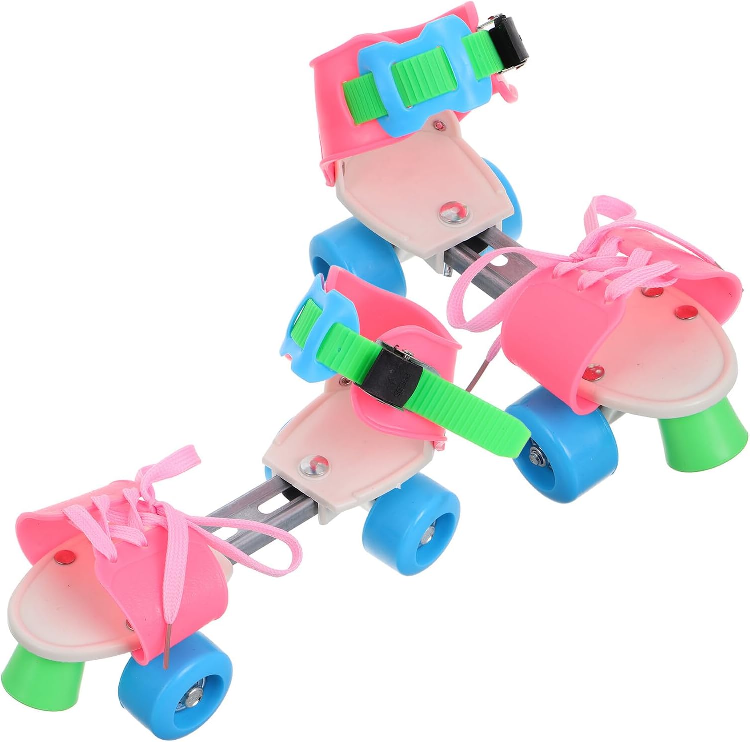 Adjustable Roller Skates for Ages Boys and Quad Skates with Double Row Wheels for Indoor Outdoor Use High Stability Balanced Road Skating Shoes with Brake in Pink Green