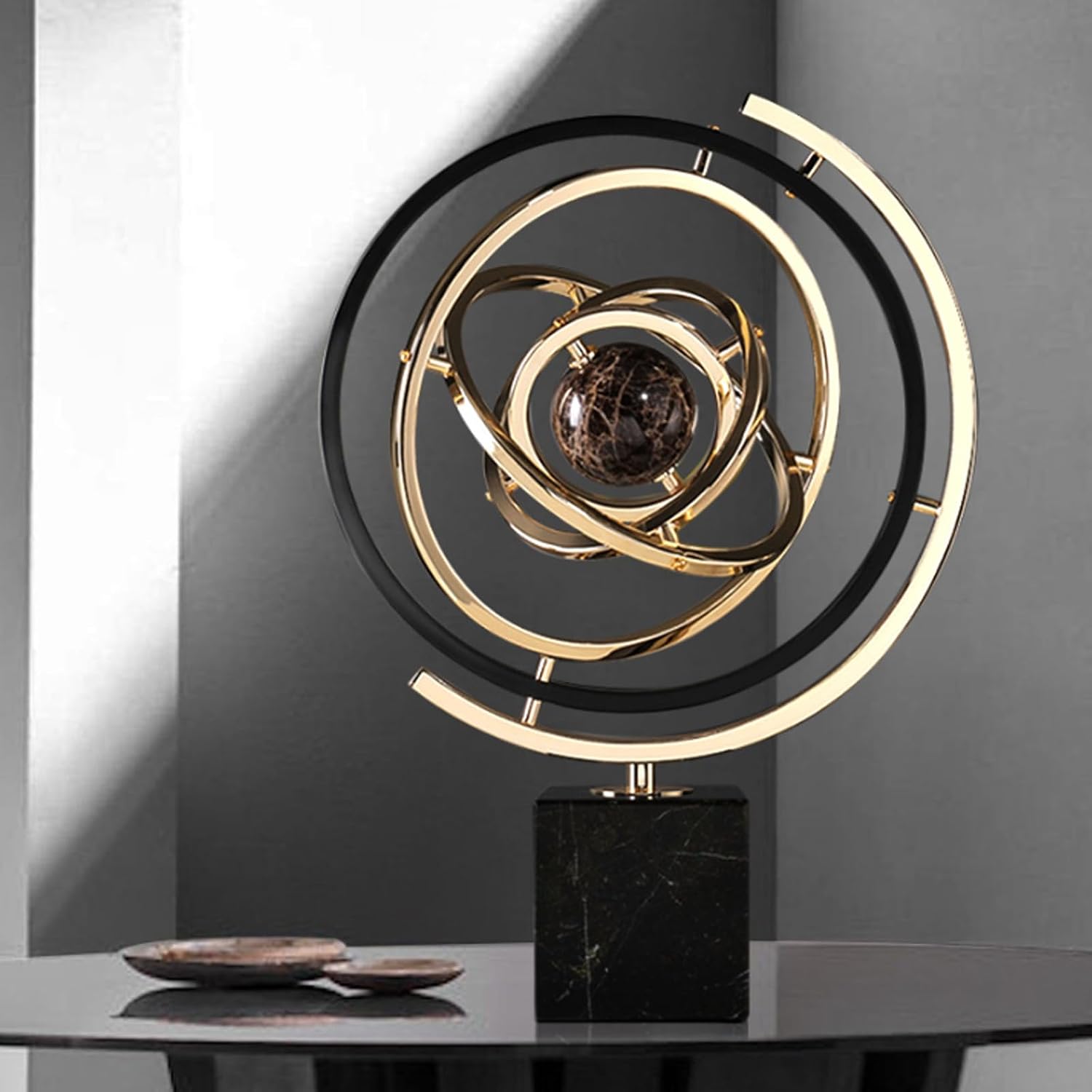 Modern Sculpture Decor, Abstract Art Metal Globe Ornament for Desk Office Decoration, Rotating Desktop Globe for Geographic Home Table Adult Decorative Book Shelf with Rectangle Stand, Black & Gold