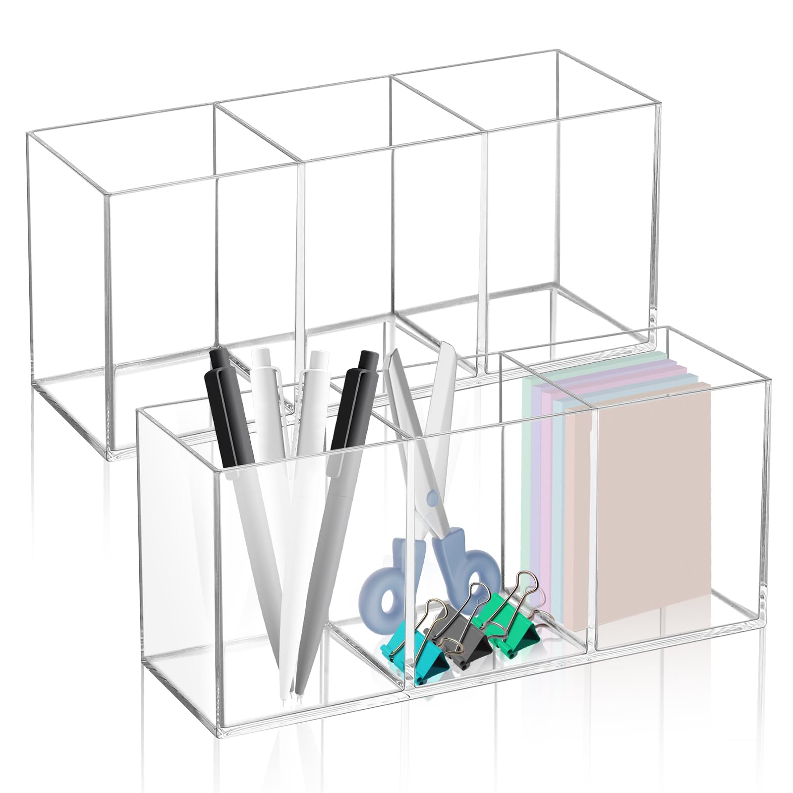 Realand Transparent 2Pcs Acrylic Pen Holder For Desk, 3 Compartments Clear Makeup Brush Holder Organizer, Pen Cup For Pencil Marker