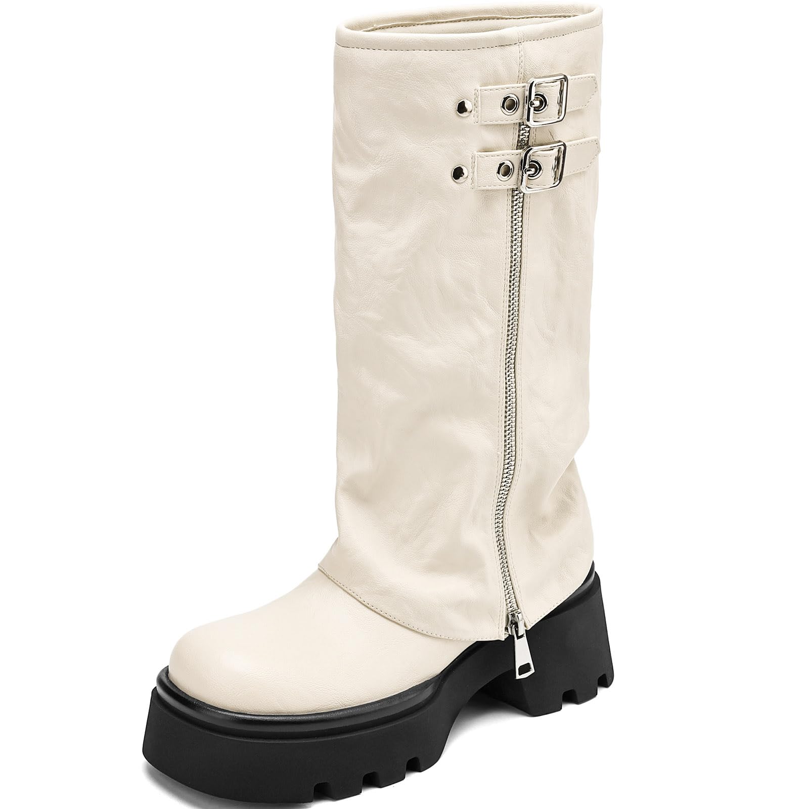 TEAIEUI Knee High Boots Women Chunky Platform Moto Riding Boots Slouchy Fold Over Wide Calf Motorcycle Biker Boots for Women with Fashion Buckle