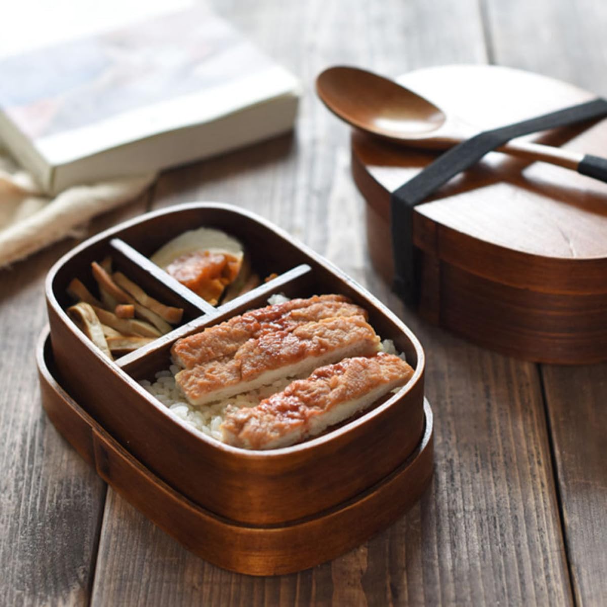 Boîte à Déjeuner Japonaise en Bois, Portable Grosse Capacité, Design Couche et Compartiments Divisés, pour L'école Famille Couleur