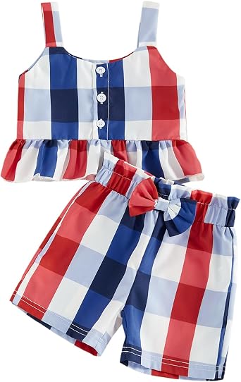 Biayxms Toddler Baby Girl 4th of July Outfit American Flag Ruffled Spaghetti Strap Tank Tops and Shorts July 4th Clothes Set