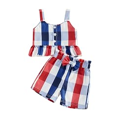 4th Of July Little Girl Outfit Stars Striped Print Sleeveless Spaghetti Strap Ruffle Button Up Tops Bow Shorts