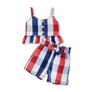 4th Of July Little Girl Outfit Stars Striped Print Sleeveless Spaghetti Strap Ruffle Button Up Tops Bow Shorts