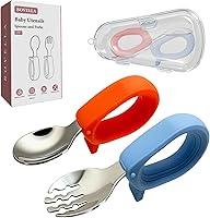 BOVELLA Toddler Utensils Set: Stainless Steel Baby Forks & Spoons with Silicone Handles, Portable Case, Dishwasher Safe - Self-Feeding Essentials (Blue+Red)