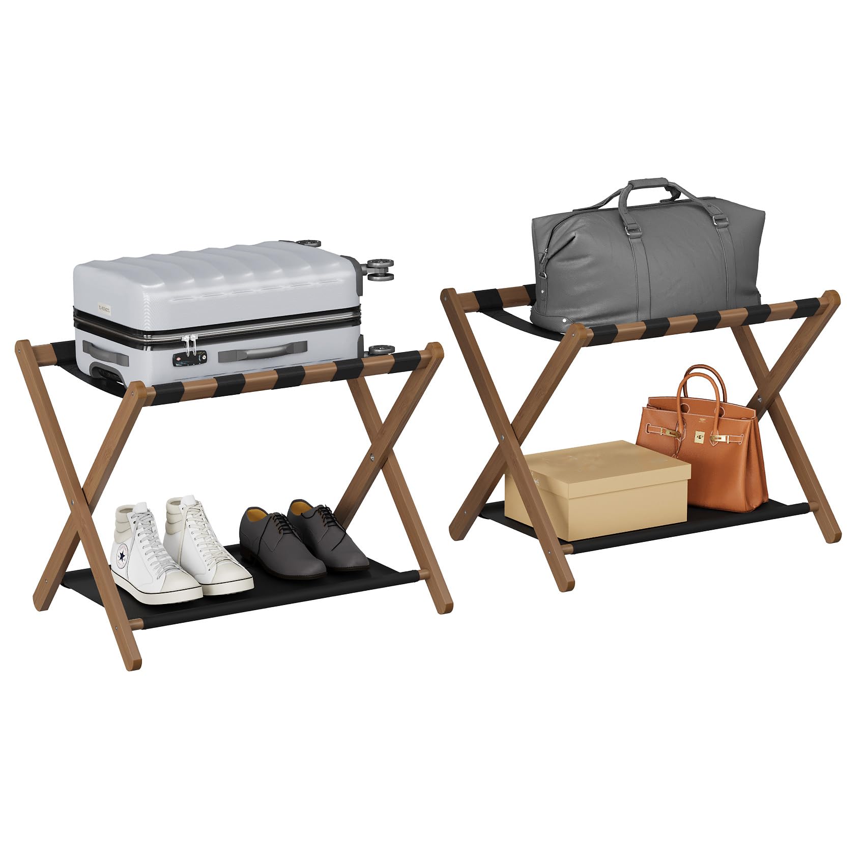 Smuxee Paquete de 2 portaequipajes de bambú de nogal, soporte plegable para maleta con estante de almacenamiento, soporte de equipaje fácil de montar con 5 correas de nailon para habitación de